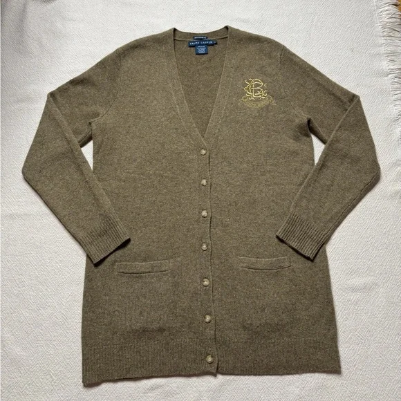 VTG Ralph Lauren Olive Green Wool Angora Vneck Crest Cardigan Sweater L Preppy - Picture 2 of 6